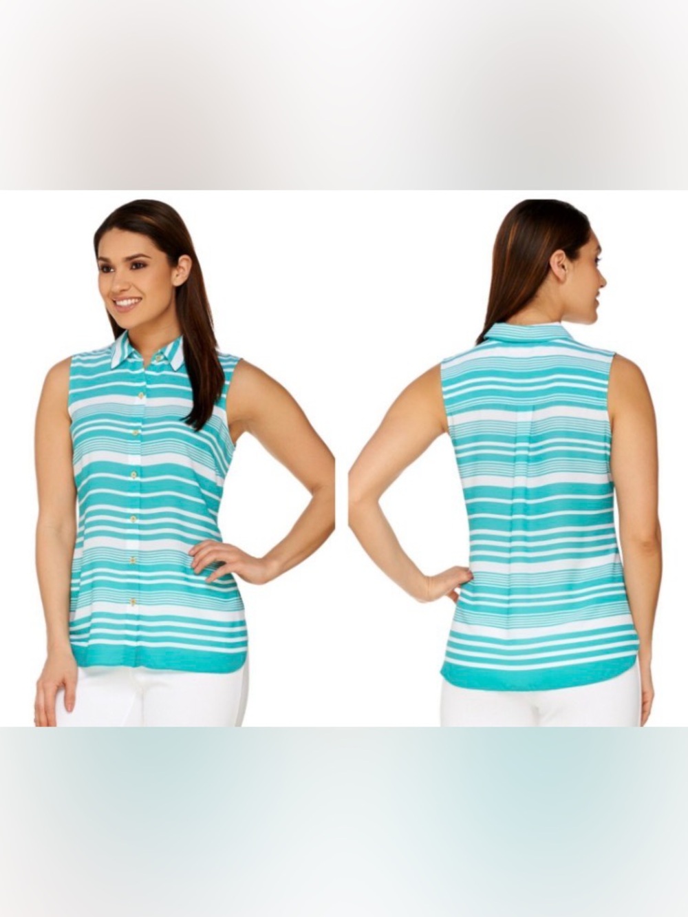 Susan Graver sleeveless button-up shirt, turquoise and white stripes size 10
